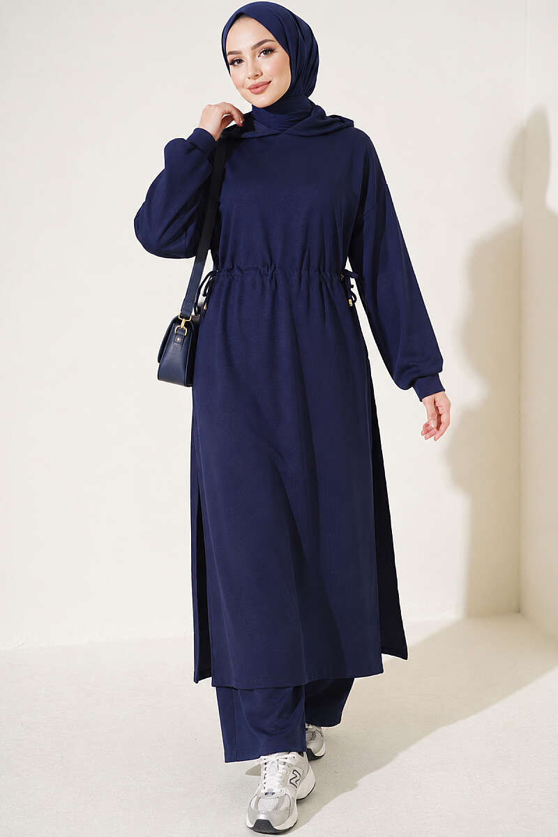 Long Tunic Set with Drawstring Waist - Navy