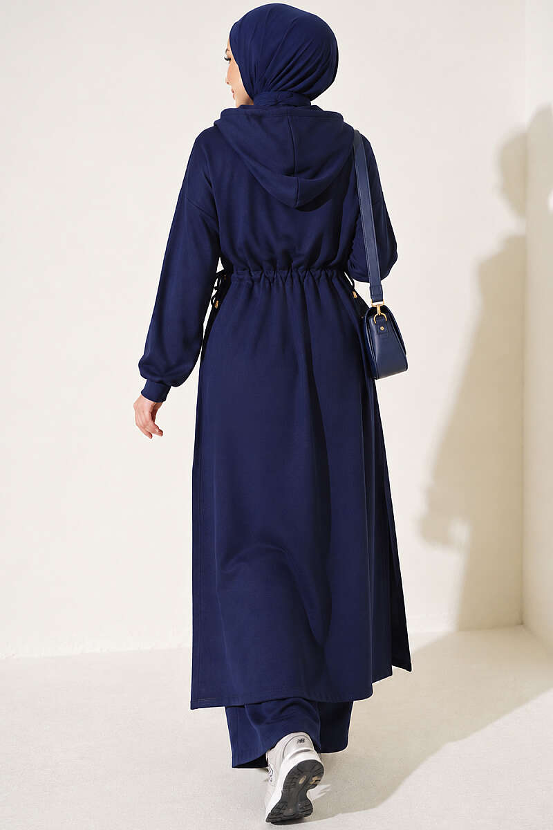 Long Tunic Set with Drawstring Waist - Navy