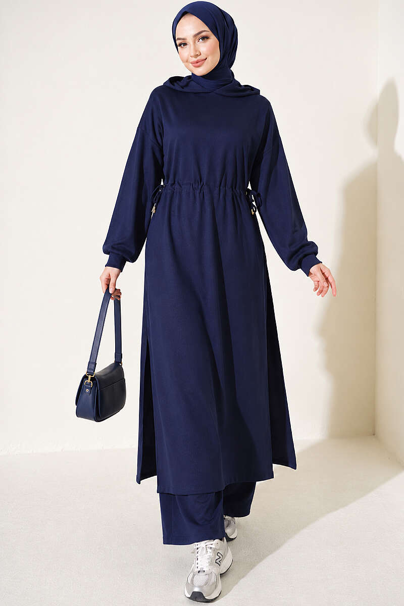 Long Tunic Set with Drawstring Waist - Navy