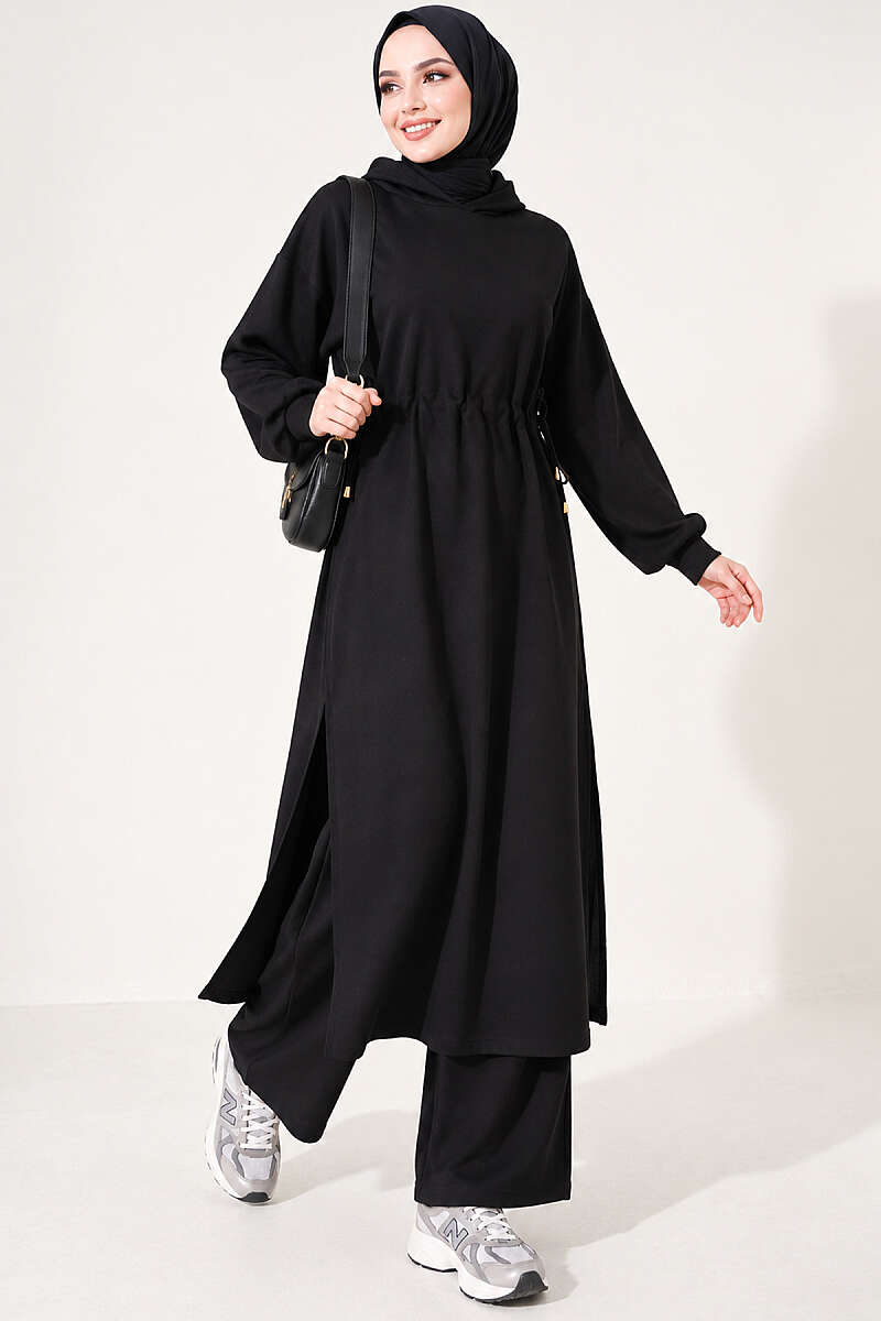 Long Tunic Set with Drawstring Waist - Black
