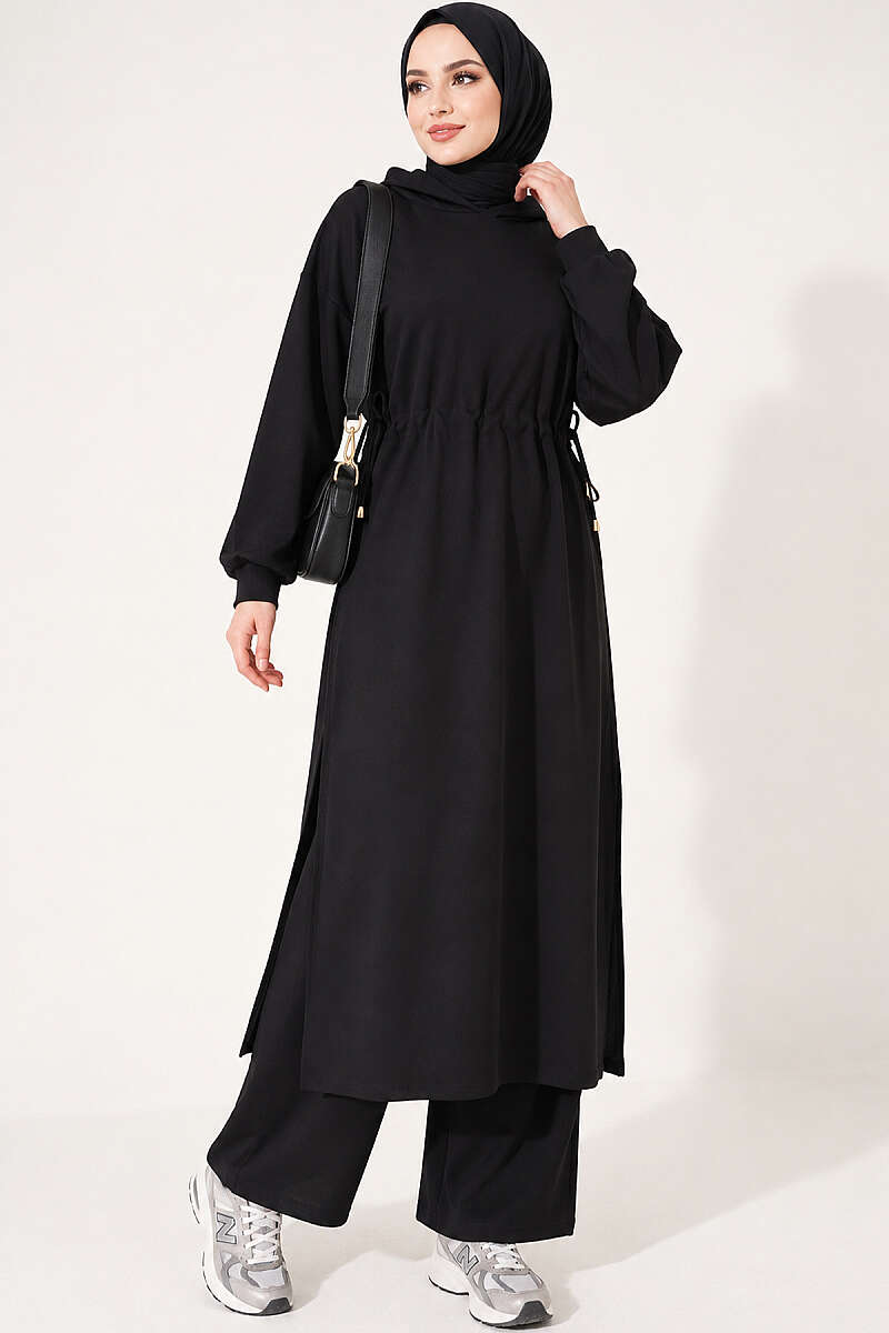 Long Tunic Set with Drawstring Waist - Black