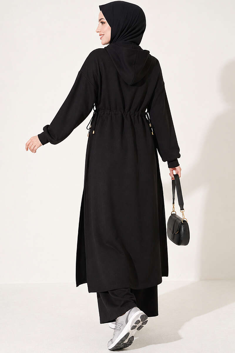 Long Tunic Set with Drawstring Waist - Black