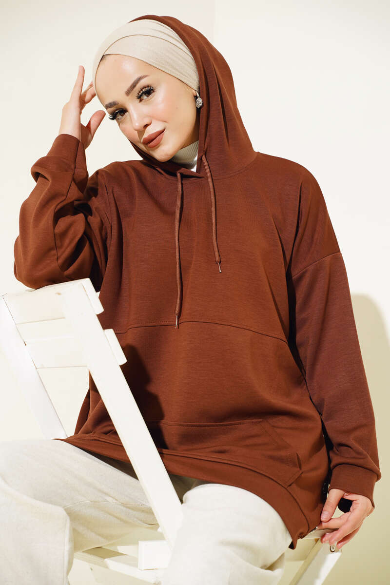 Loycha Snap-Button Tunic with Kangaroo Pocket - Brown