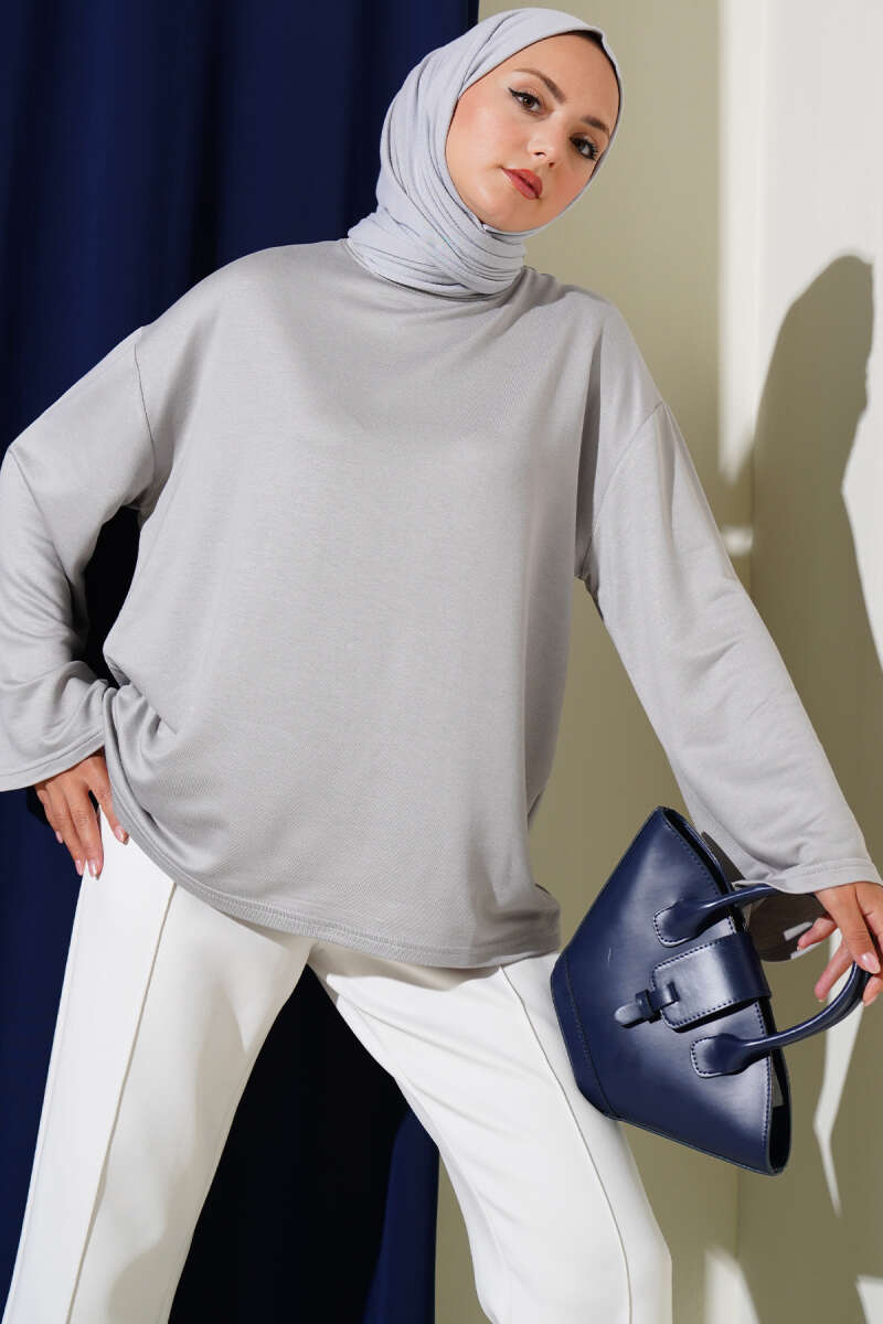 Basic Drop-Shoulder Jersey Tunic - Grey