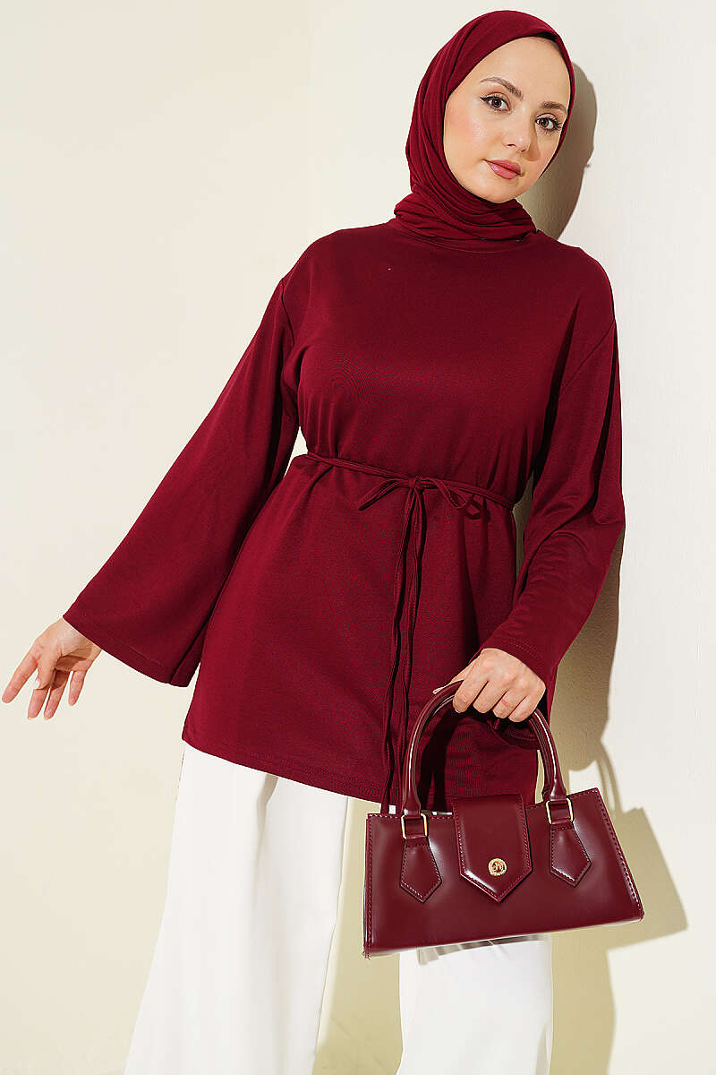 Wide-Sleeve Jersey Tunic with Cord Belt - Burgundy
