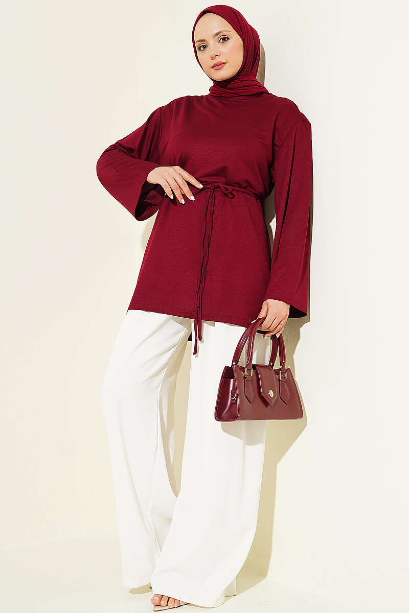 Wide-Sleeve Jersey Tunic with Cord Belt - Burgundy