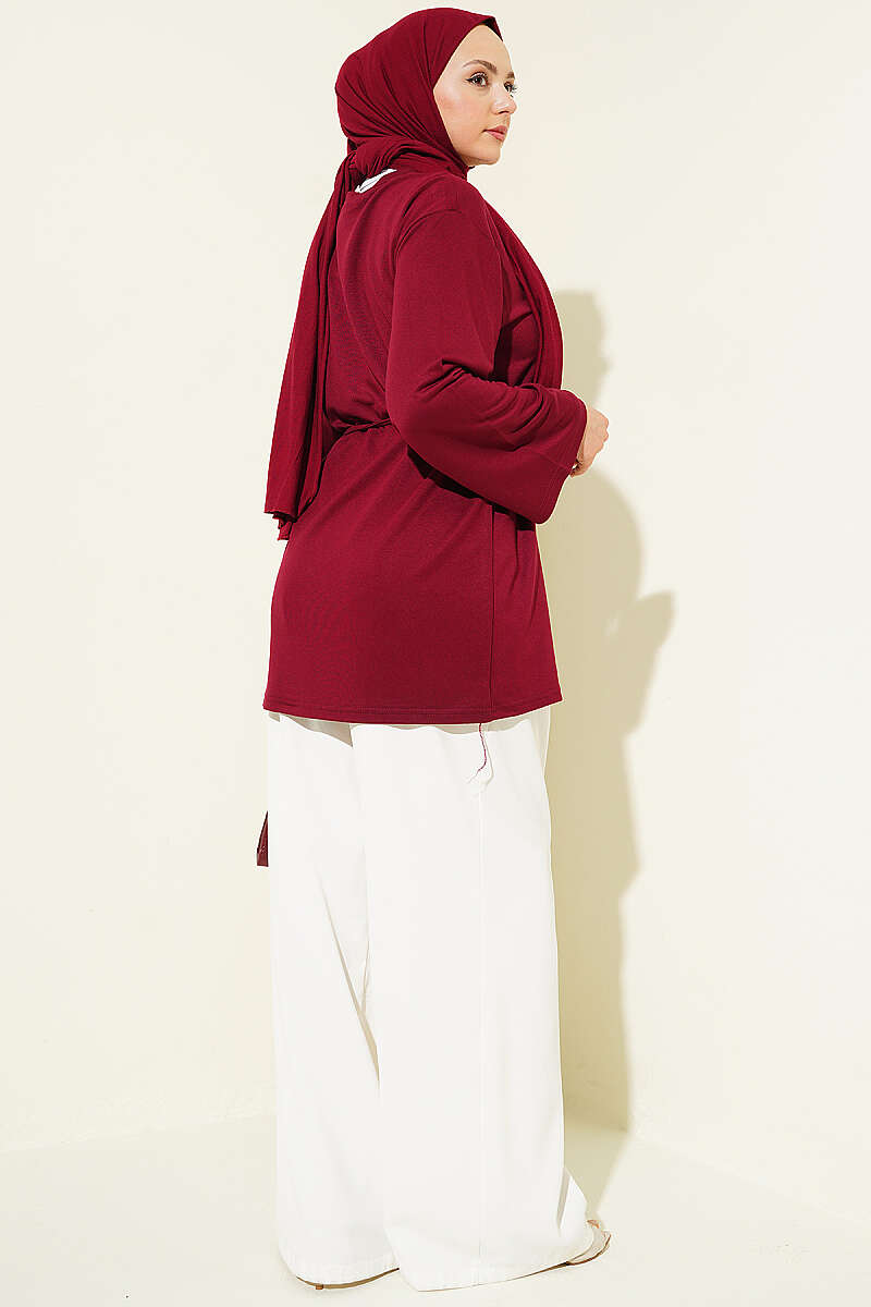 Wide-Sleeve Jersey Tunic with Cord Belt - Burgundy
