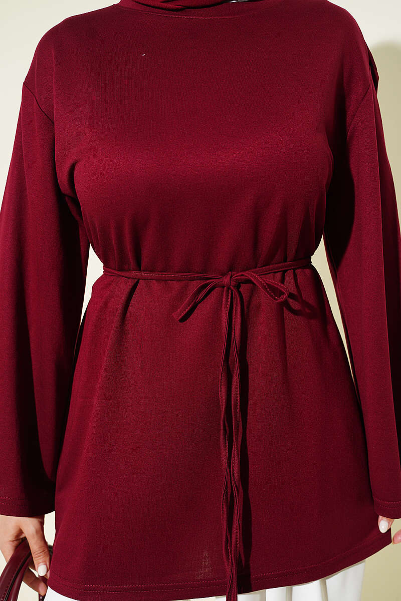 Wide-Sleeve Jersey Tunic with Cord Belt - Burgundy