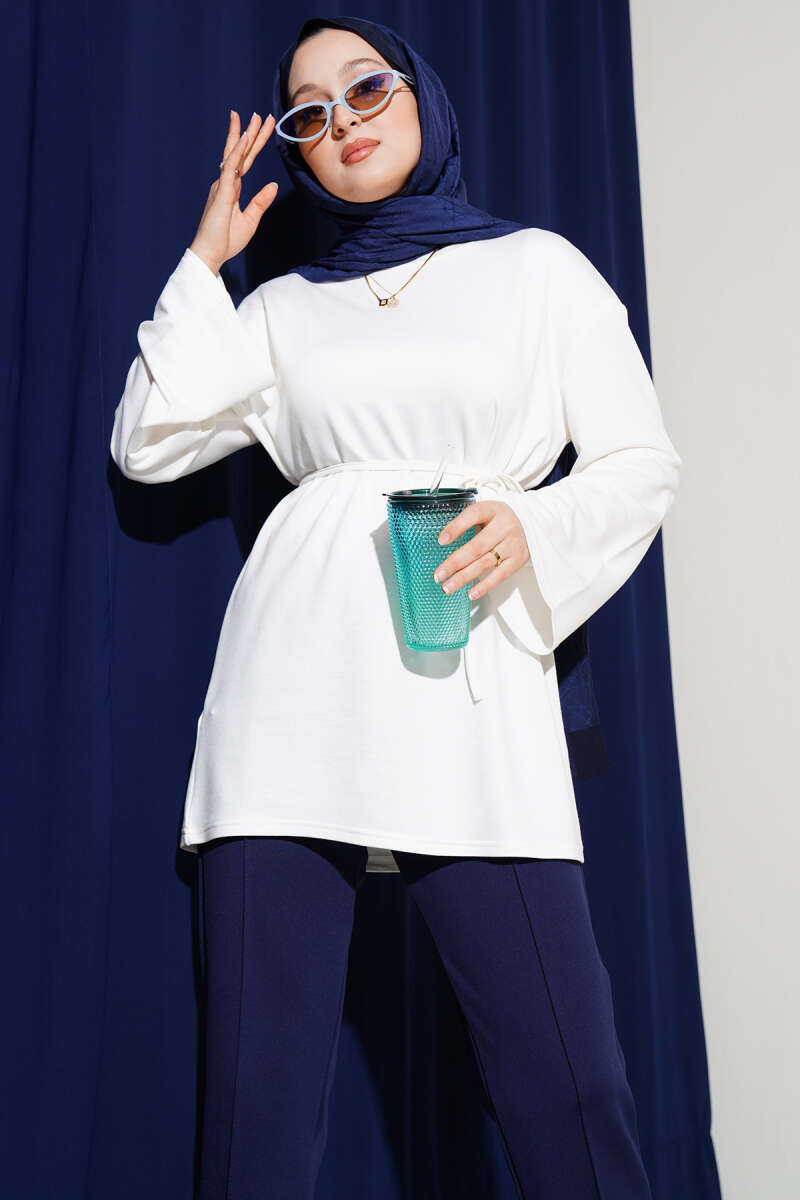 Wide-Sleeve Jersey Tunic with Cord Belt - Ecru