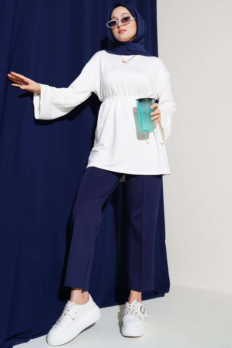 Wide-Sleeve Jersey Tunic with Cord Belt - Ecru