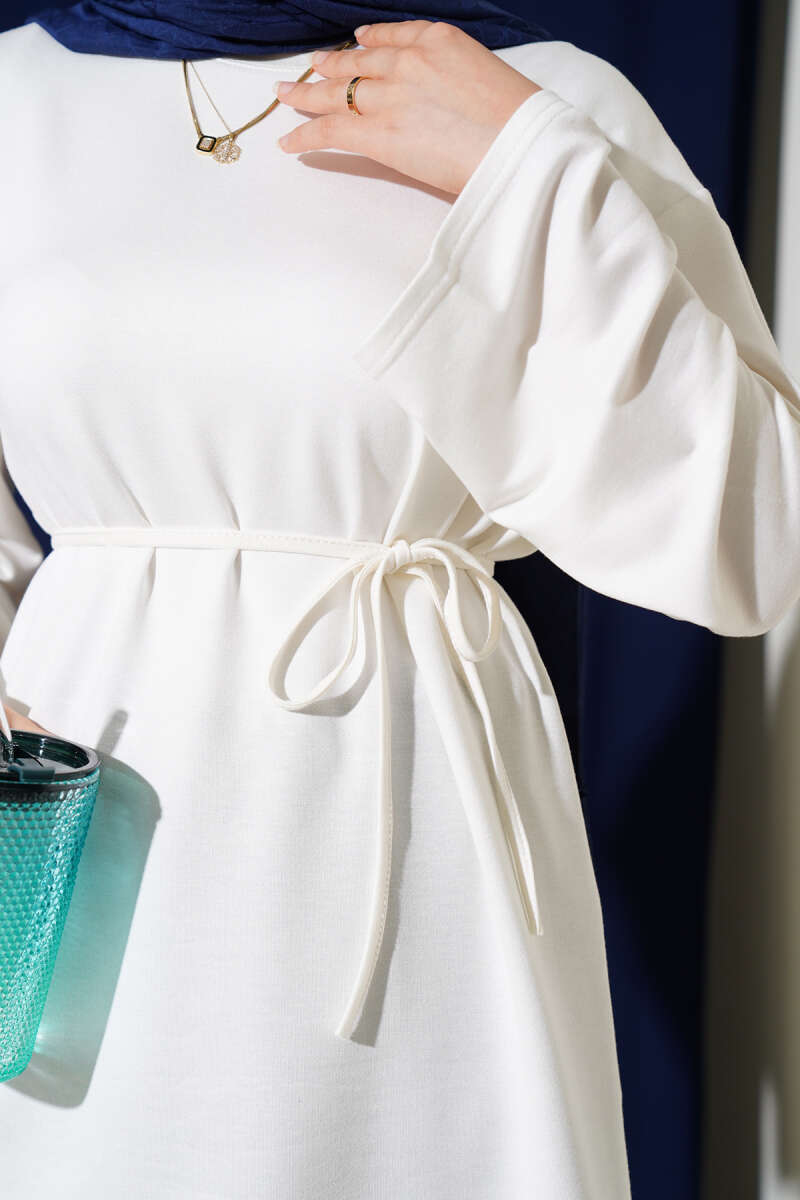Wide-Sleeve Jersey Tunic with Cord Belt - Ecru