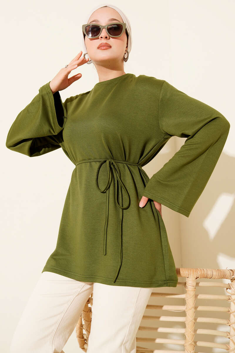 Wide-Sleeve Jersey Tunic with Cord Belt - Khaki