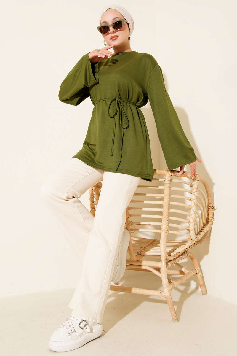 Wide-Sleeve Jersey Tunic with Cord Belt - Khaki