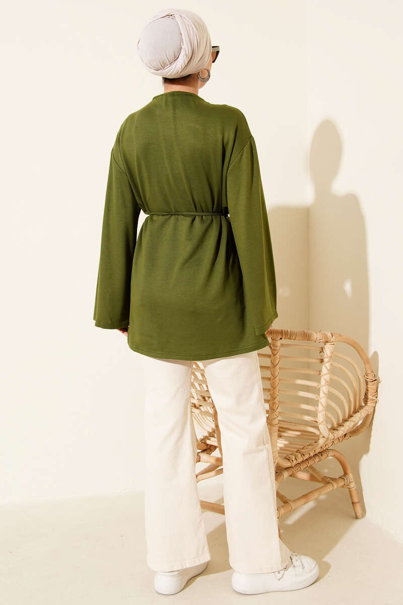 Wide-Sleeve Jersey Tunic with Cord Belt - Khaki