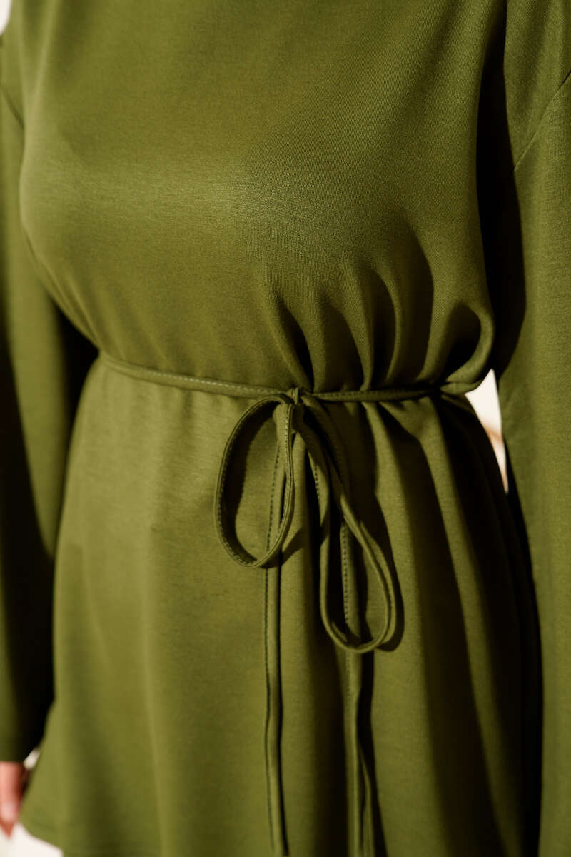 Wide-Sleeve Jersey Tunic with Cord Belt - Khaki