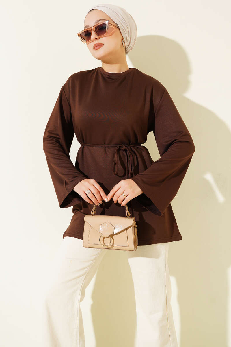 Wide-Sleeve Jersey Tunic with Cord Belt - Brown