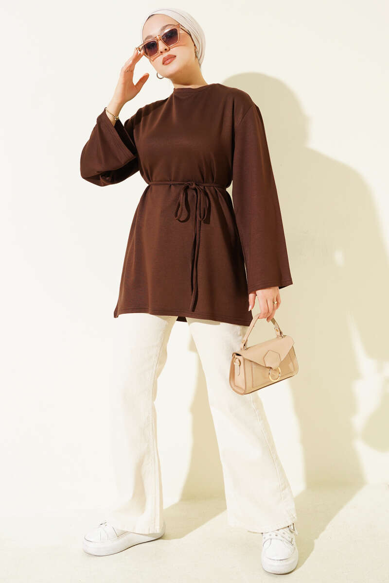 Wide-Sleeve Jersey Tunic with Cord Belt - Brown