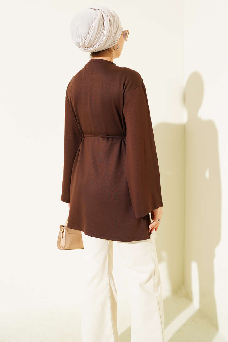 Wide-Sleeve Jersey Tunic with Cord Belt - Brown