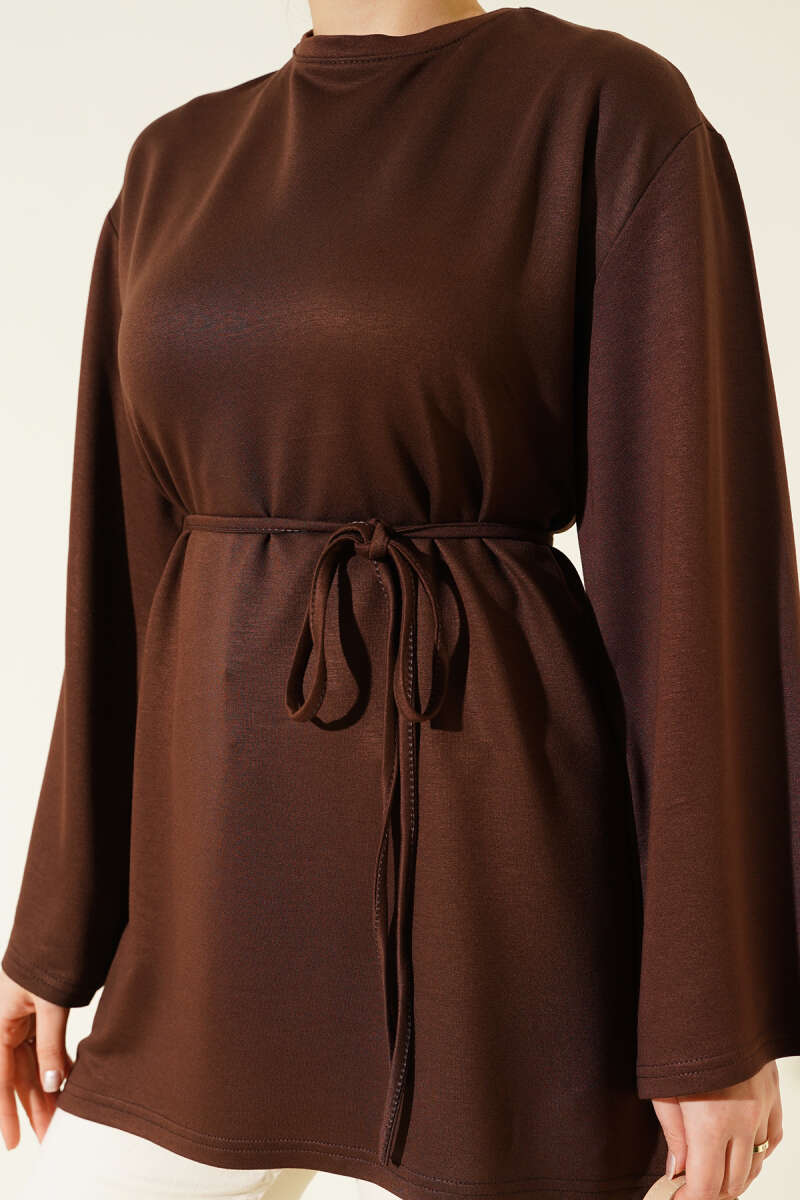 Wide-Sleeve Jersey Tunic with Cord Belt - Brown