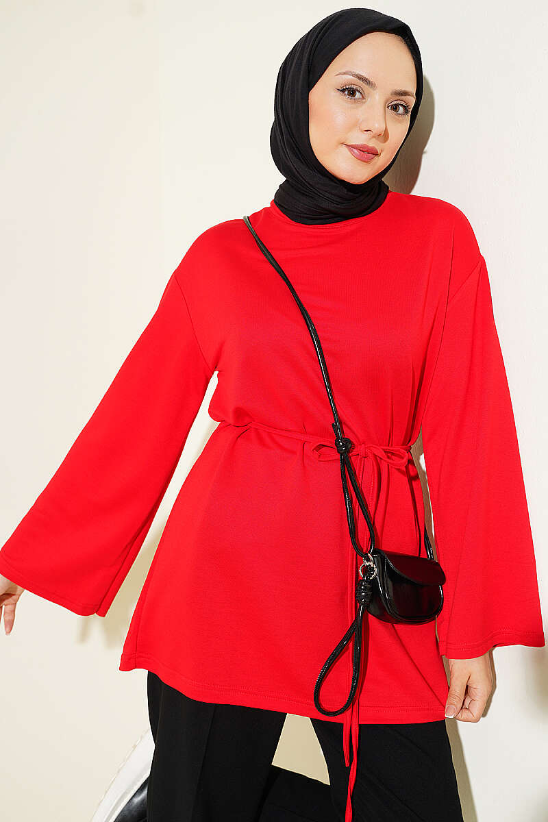 Wide-Sleeve Jersey Tunic with Cord Belt - Red