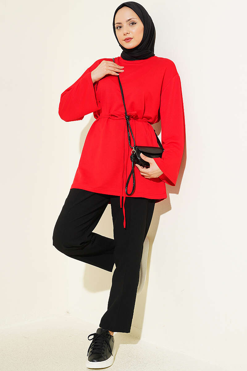Wide-Sleeve Jersey Tunic with Cord Belt - Red