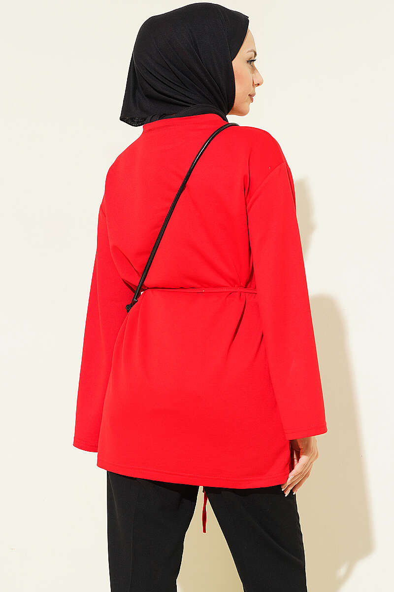 Wide-Sleeve Jersey Tunic with Cord Belt - Red