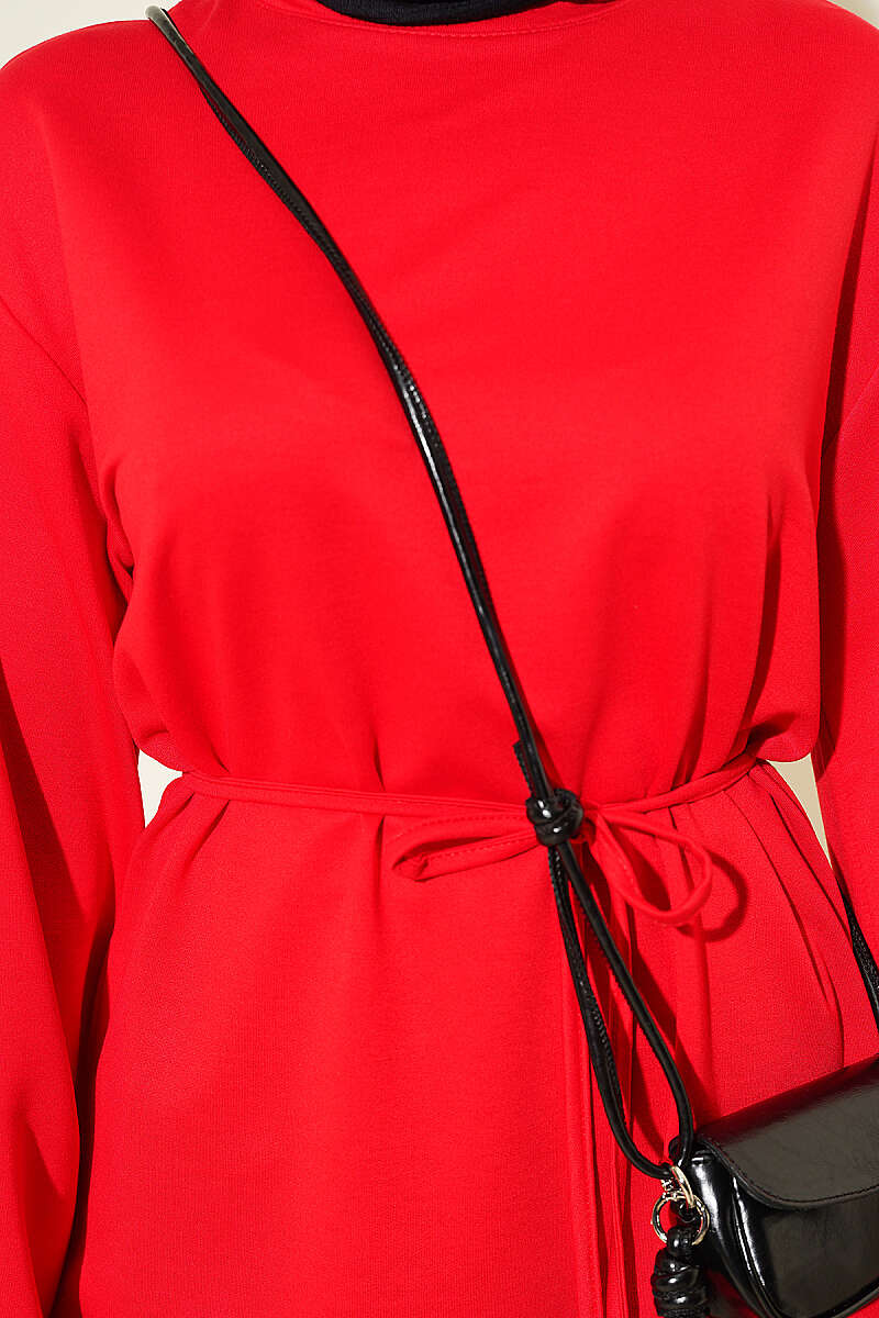 Wide-Sleeve Jersey Tunic with Cord Belt - Red