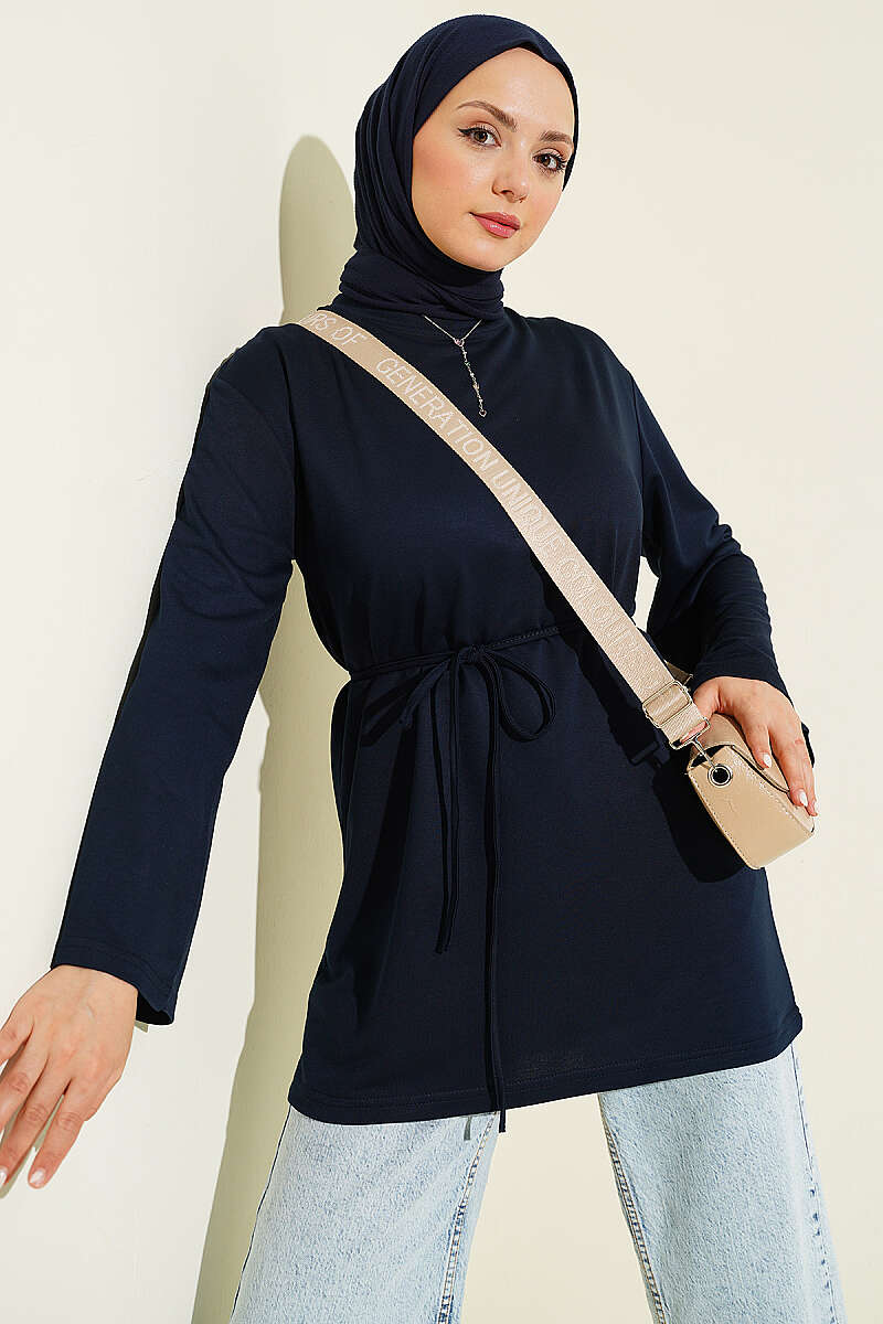 Wide-Sleeve Jersey Tunic with Cord Belt - Navy