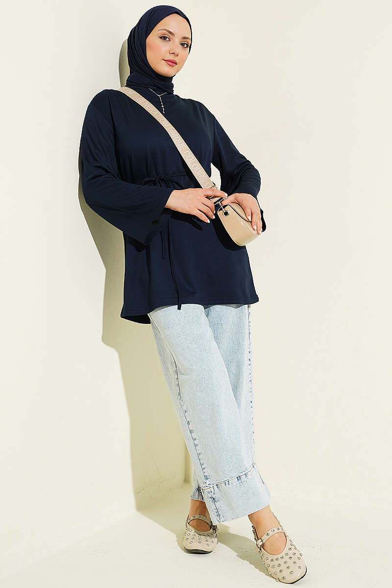 Wide-Sleeve Jersey Tunic with Cord Belt - Navy