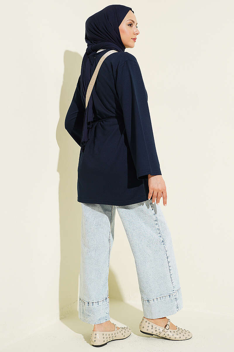 Wide-Sleeve Jersey Tunic with Cord Belt - Navy