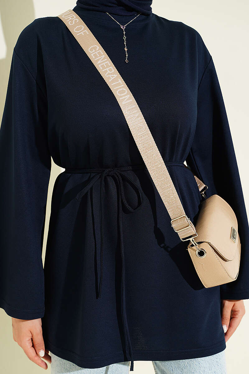Wide-Sleeve Jersey Tunic with Cord Belt - Navy