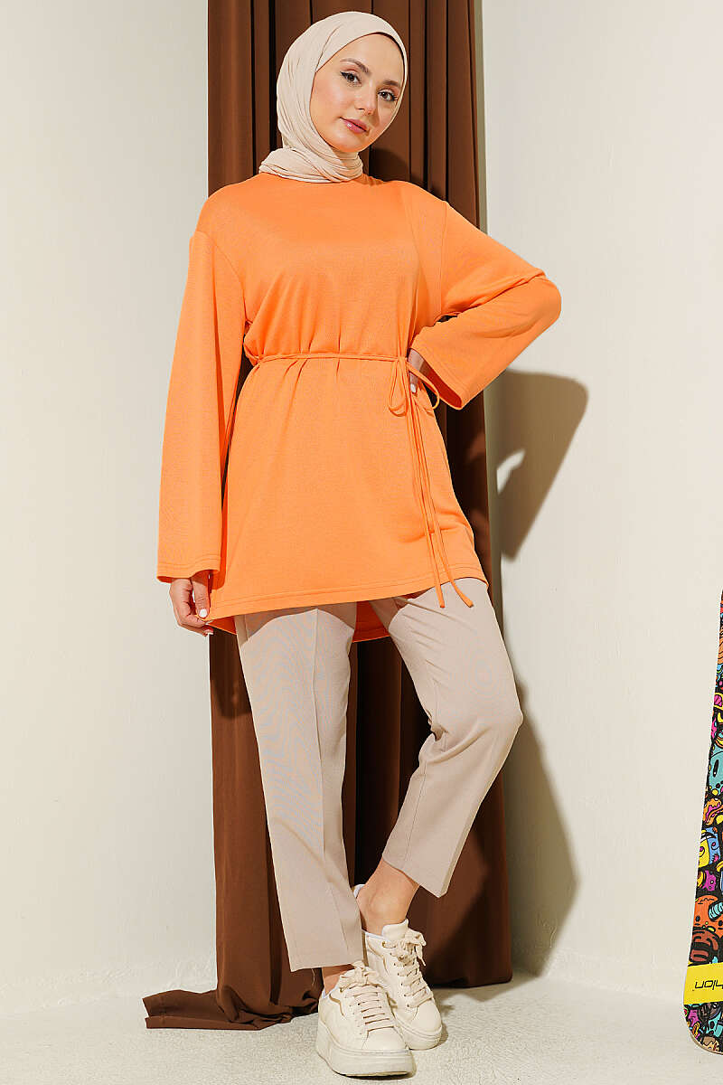 Wide-Sleeve Jersey Tunic with Cord Belt - Orange