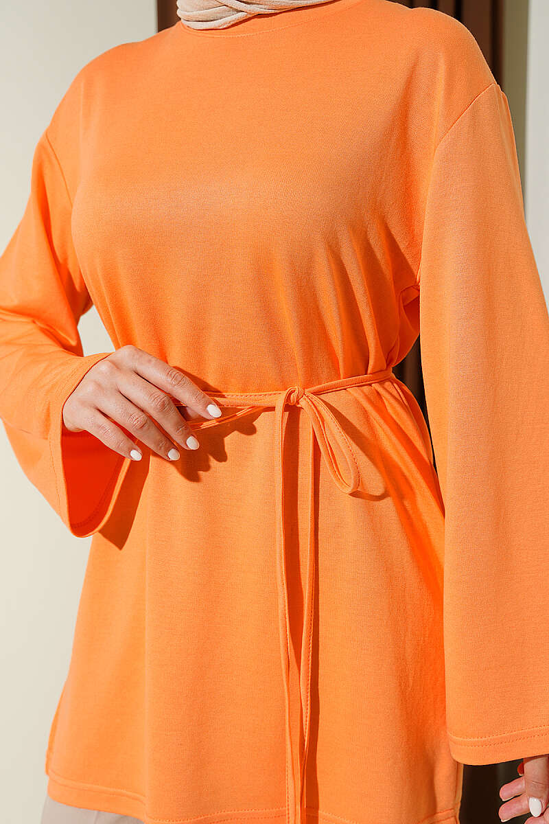 Wide-Sleeve Jersey Tunic with Cord Belt - Orange