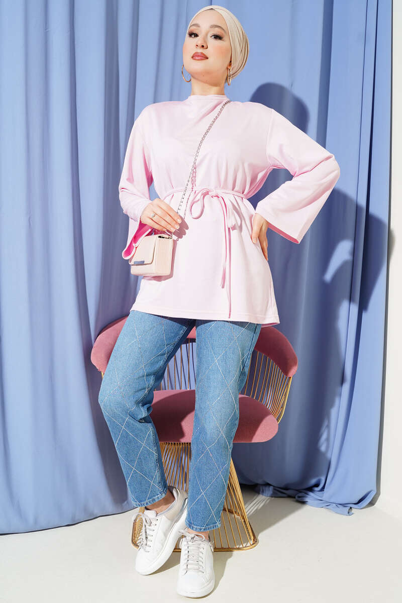 Wide-Sleeve Jersey Tunic with Cord Belt - Pink
