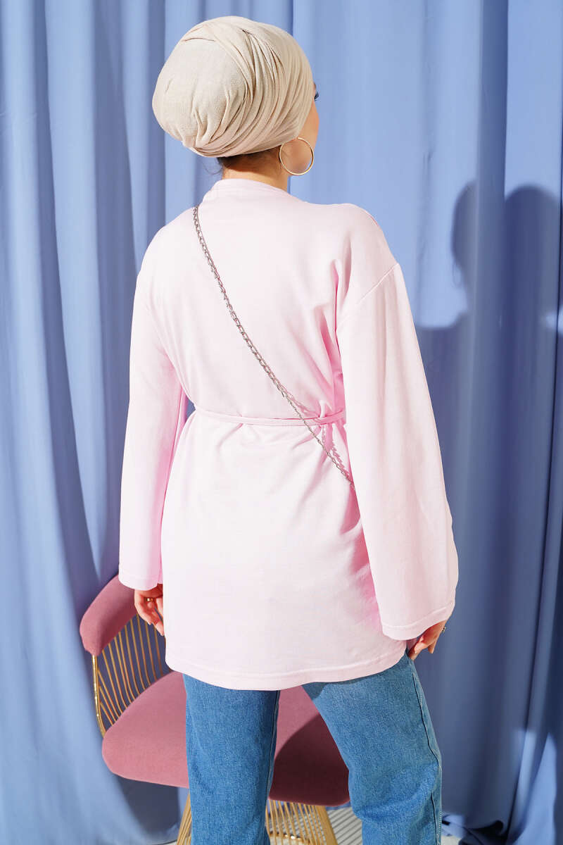 Wide-Sleeve Jersey Tunic with Cord Belt - Pink
