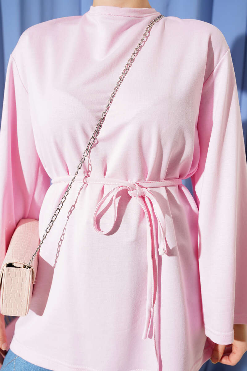 Wide-Sleeve Jersey Tunic with Cord Belt - Pink