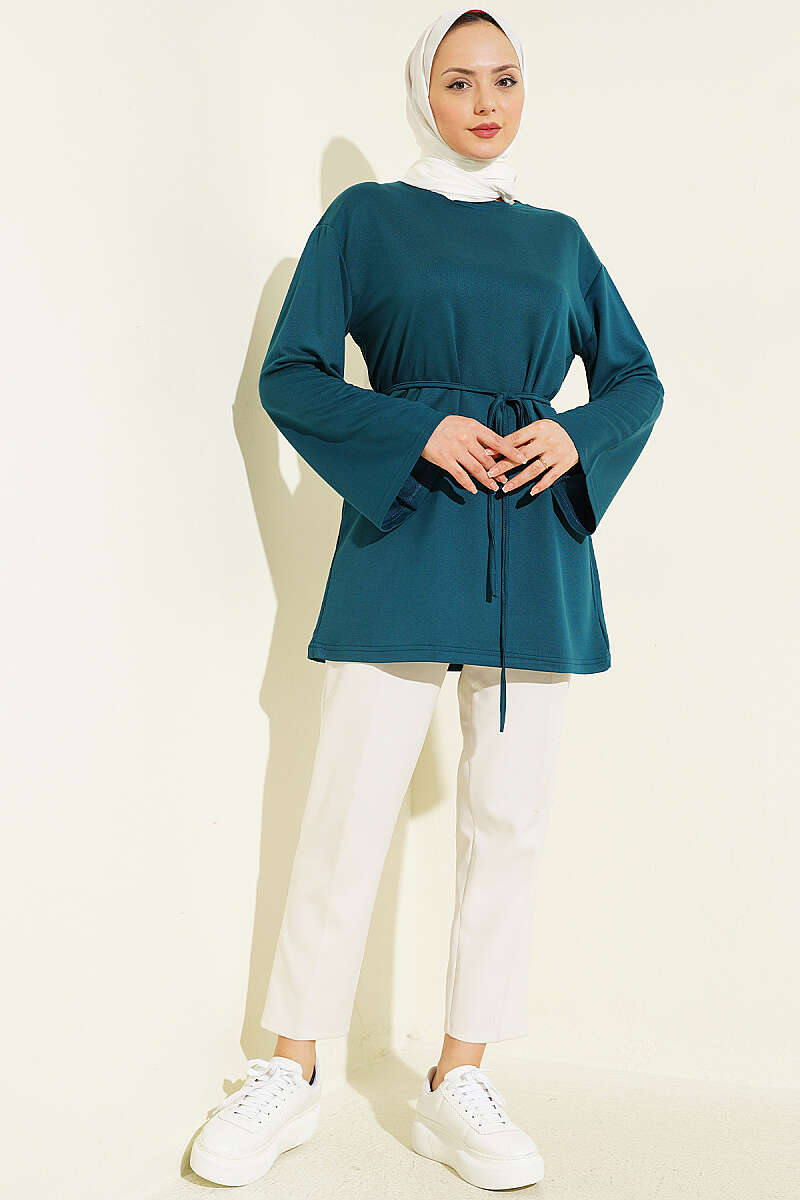 Wide-Sleeve Jersey Tunic with Cord Belt - Teal