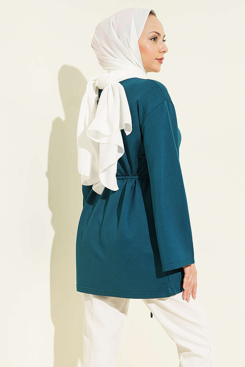 Wide-Sleeve Jersey Tunic with Cord Belt - Teal
