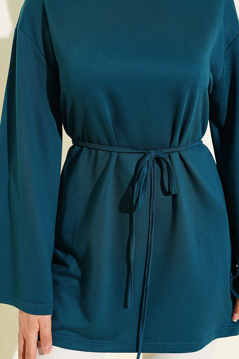 Wide-Sleeve Jersey Tunic with Cord Belt - Teal