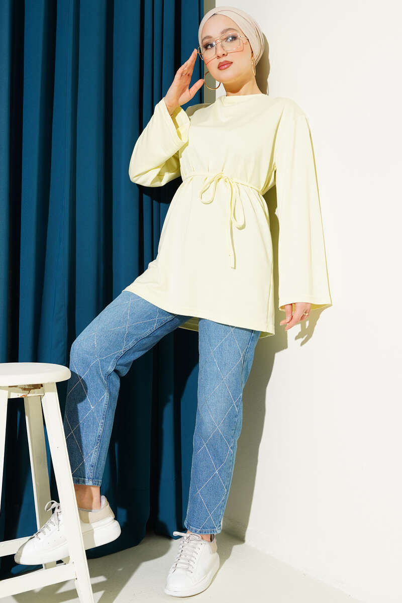 Wide-Sleeve Jersey Tunic with Cord Belt - Yellow