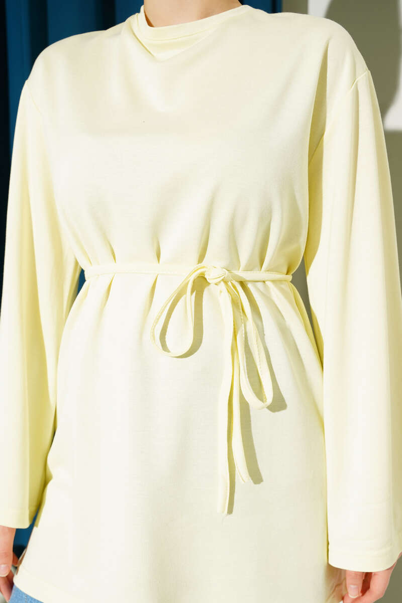 Wide-Sleeve Jersey Tunic with Cord Belt - Yellow