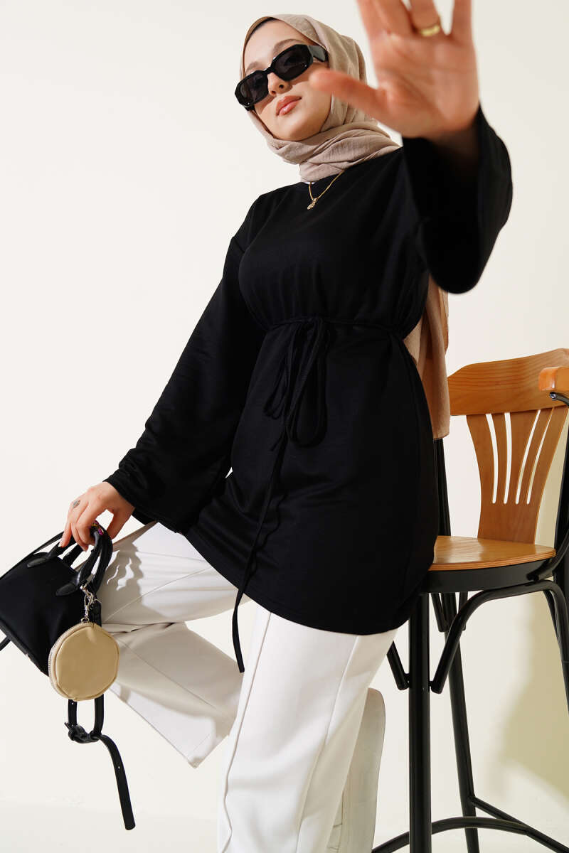 Wide-Sleeve Jersey Tunic with Cord Belt - Black