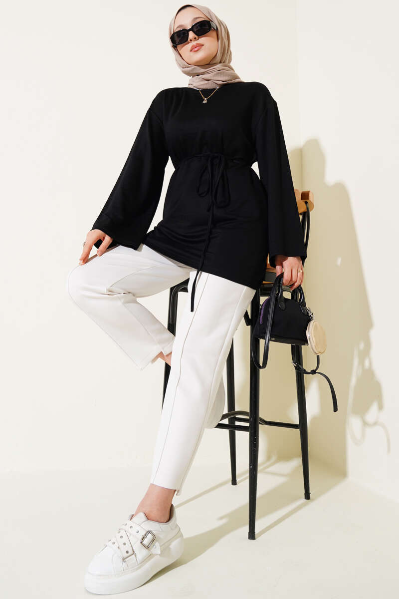 Wide-Sleeve Jersey Tunic with Cord Belt - Black