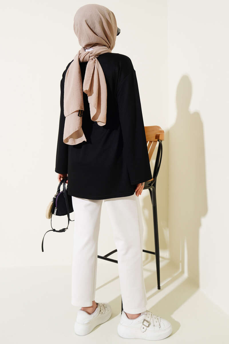 Wide-Sleeve Jersey Tunic with Cord Belt - Black