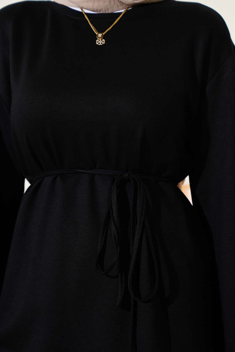 Wide-Sleeve Jersey Tunic with Cord Belt - Black