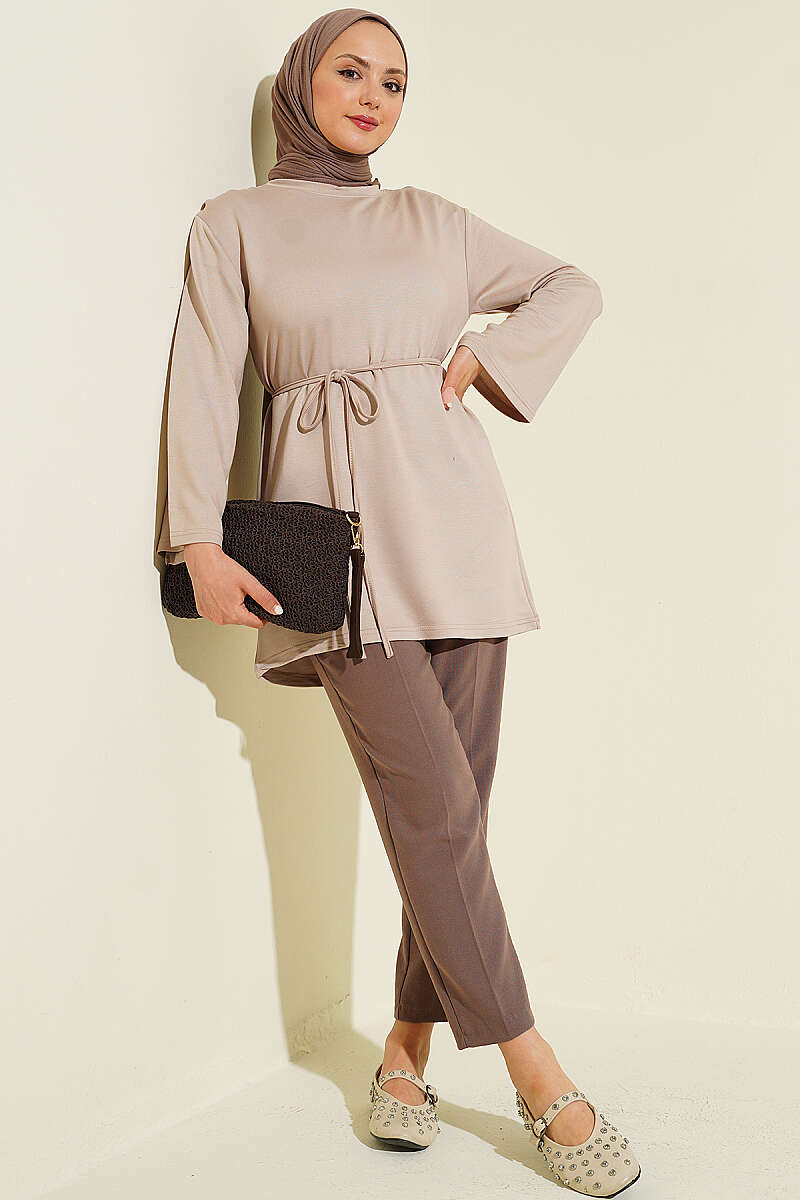 Wide-Sleeve Jersey Tunic with Cord Belt - Stone