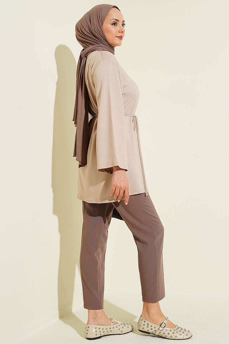 Wide-Sleeve Jersey Tunic with Cord Belt - Stone