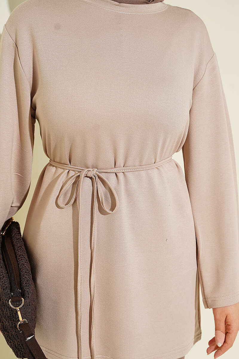 Wide-Sleeve Jersey Tunic with Cord Belt - Stone