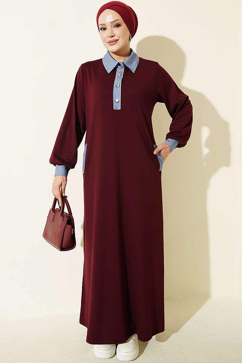 Jersey Dress with Denim Trim - Burgundy