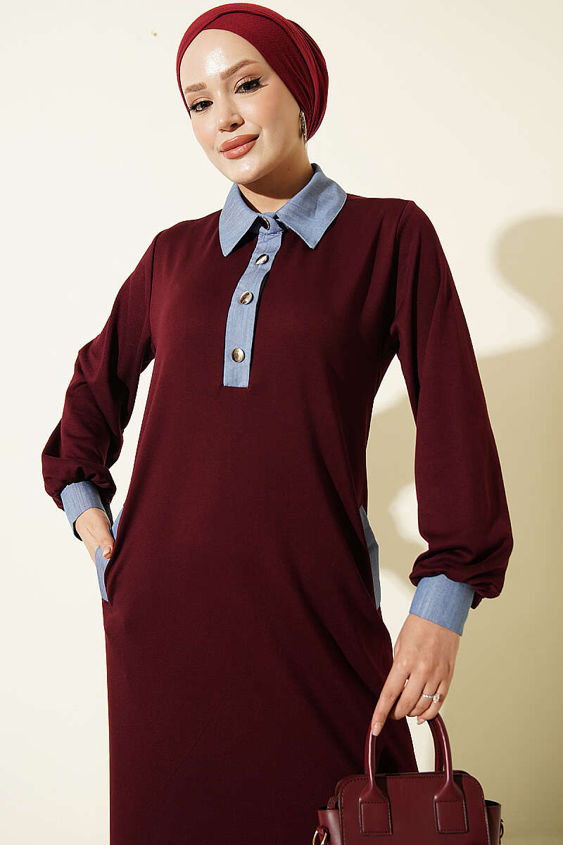 Jersey Dress with Denim Trim - Burgundy